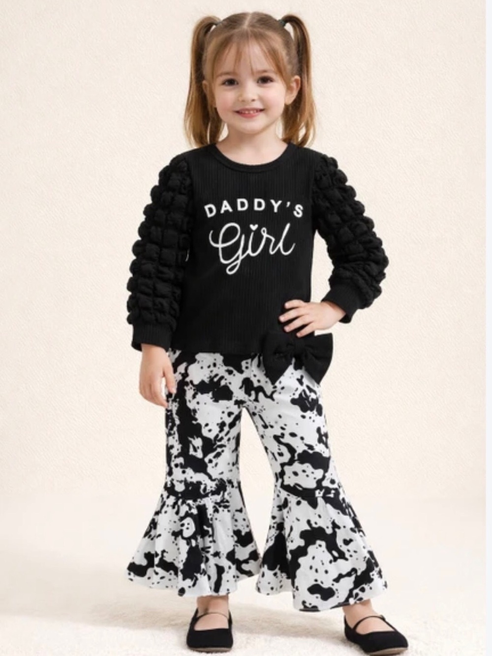 Little Girls ‘Daddy's Girl’Black/White Cow Flare Bubble Sleeves Size-2-3 Yrs NEW